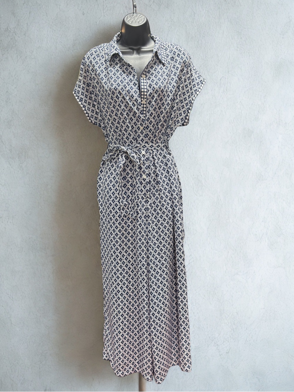 Button-Front Geometric Print  Jumpsuit- Navy & White